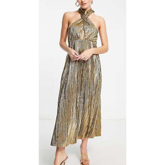 Topshop Metallic Plisse  Dress Cut Out Halter Neck Evening Party Gold NWT 12 - Picture 1 of 10